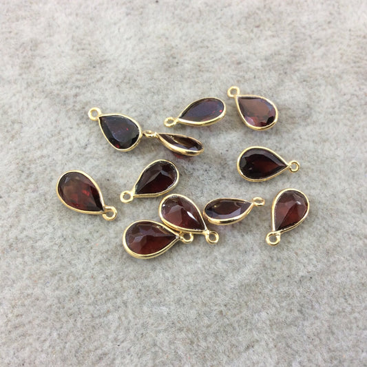 BULK LOT - Pack of Six (6) Gold Vermeil Pointed/Cut Stone Faceted Teardrop Shaped Deep Red Garnet Bezel Pendants - Measuring 6mm x 9mm