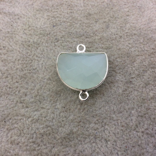 Sterling Silver Faceted Half Moon Shaped Milky Green Hydro (Man-made) Chalcedony Bezel Connector - Measuring 20mm x 15mm - Sold Individually
