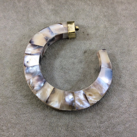 3.75" Iridescent Gray Fishhook Crescent Shaped Natural Abalone Pendant with Plain Gold Plated Bail - Measuring 94mm x 100mm