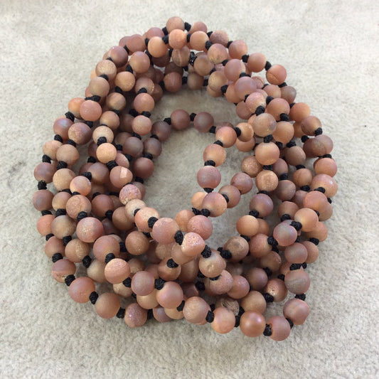 72" Hand-Knotted Black Thread Necklace Featuring 6mm Matte Finish Druzy Round/Ball Shaped Peach/Orange Agate Beads - LIMITED STOCK