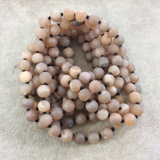 72" Hand-Knotted Black Thread Necklace Featuring 8mm Matte Finish Druzy Round/Ball Shaped Champagne Agate Beads - LIMITED STOCK