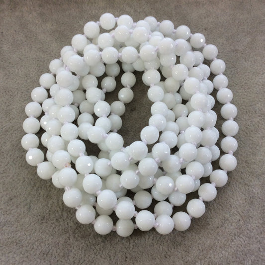 72" Hand-Knotted White Thread Necklace Featuring 8mm Faceted Polished Finish Round/Ball Shaped Dyed Opaque White Agate Beads - LIMITED STOCK