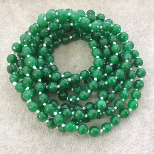 72" Hand-Knotted White Thread Necklace Featuring 8mm Faceted Polished Finish Round/Ball Shape Dyed Emerald Green Agate Beads - LIMITED STOCK
