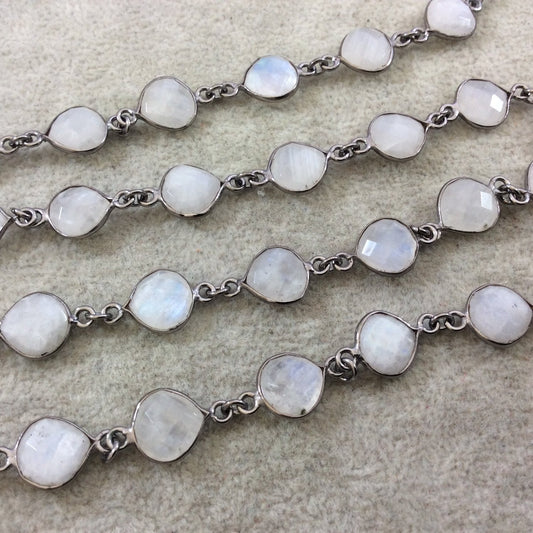 Gunmetal Plated Copper Rosary Chain with 10mm Faceted Natural Moonstone Heart/Teardrop Shaped Bezels - Sold by 1' Cut Sections or in Bulk!