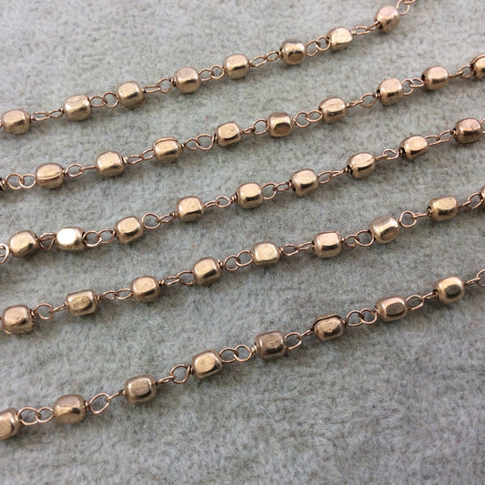 Light Rose Gold Plated Copper Wrapped Rosary Chain with 4mm Plated Copper 3D Square/Cube Shaped Beads - Sold by 1' Cut Sections or in Bulk!