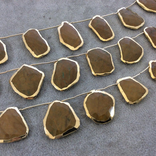 Honey Jasper Slab Beads - Faceted Top Drilled Beads with Gold Electroplating