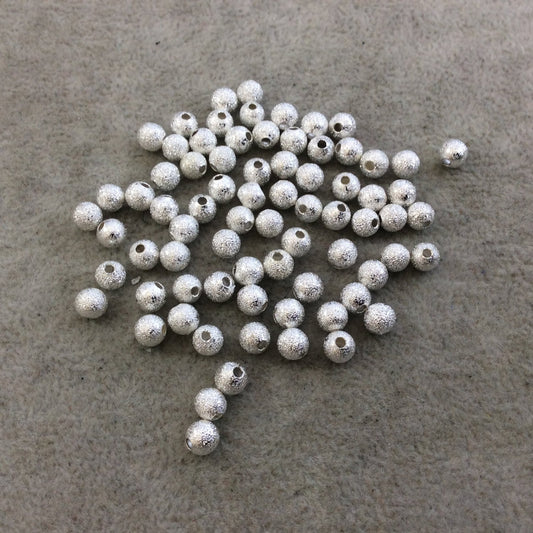 5mm Sandblasted Stardust Finish Bright Silver Base Metal Round/Ball Shaped Beads with 1mm Holes - Loose, Sold in Pre-Packed Bags of 75 Beads