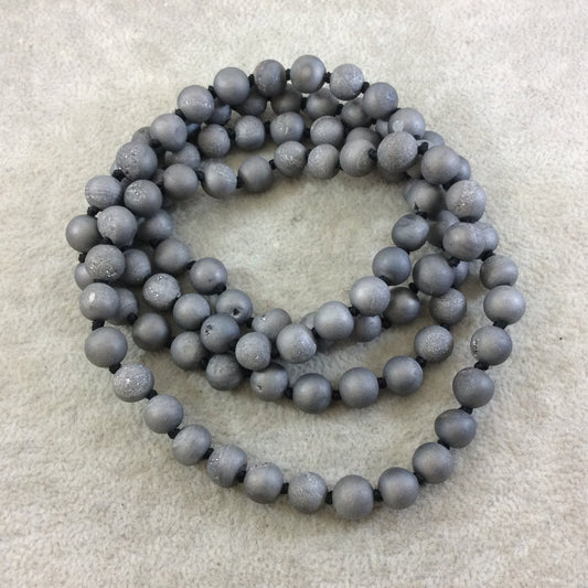 36" Hand-Knotted Black Thread Necklace Featuring 8mm Matte Finish Druzy Round/Ball Shaped Metallic Silver Agate Beads - LIMITED STOCK