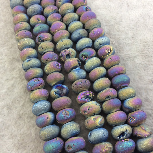 10mm Matte Finish Premium Rainbow Titanium Druzy Agate Rondelle Shaped Beads with 1mm Holes - Sold by 7.75" Strands (Approx. 33 Beads)
