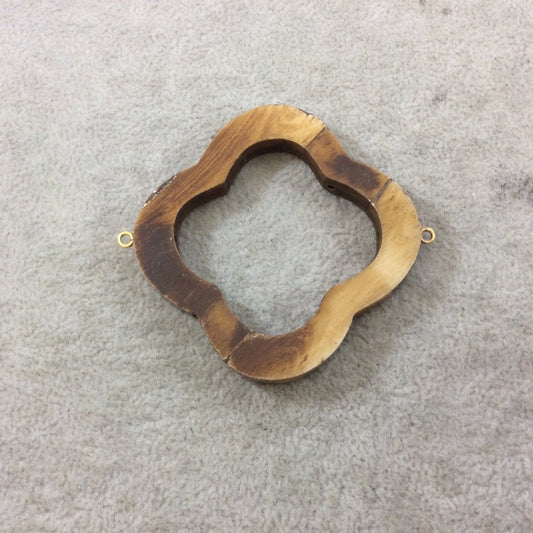 2.25" Brown Open Quatrefoil Shaped Natural Ox Bone Focal Connector with Attached Gold Suspension Ring - Measuring 60mm x 60mm, Approx.