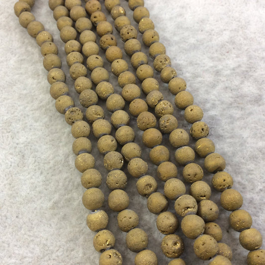 6mm Matte Finish Premium Metallic Deep Gold Titanium Druzy Agate Round Shape Beads with 1mm Holes - Sold by 15.5" Strands (Approx. 66 Beads)