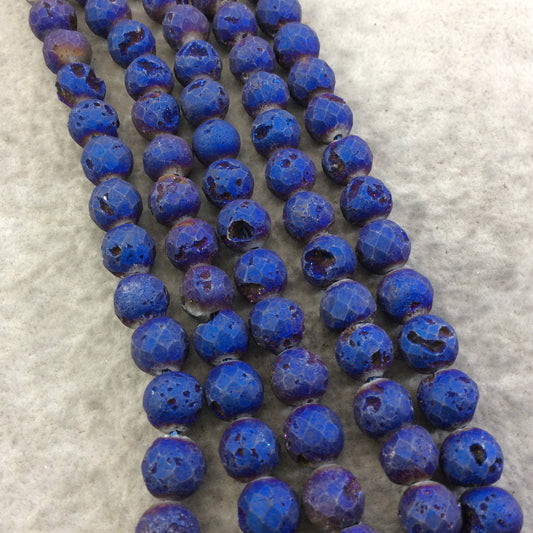 8mm Faceted Matte Finish Premium Metallic Deep Blue Druzy Agate Round Shaped Beads with 1mm Holes - Sold by 7.75" Strands (Approx. 25 Beads)