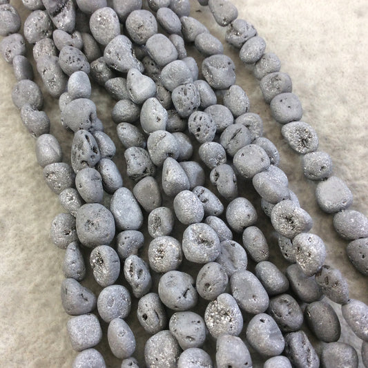 9-11mm Matte Finish Premium Metallic Silver Druzy Agate Freeform Nugget Beads with 1mm Holes - Sold by 15.75" Strands (Approx. 40 Beads)