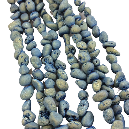 Druzy Agate Beads Light Blue/Gold, 10-12mm Matte Freeform Nugget, Premium Titanium Finish, 1mm Holes, Sold by 16" Strands (Approx. 35-40 Beads)