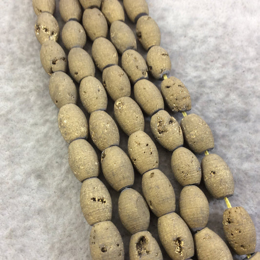 8mm x 12mm Matte Finish Premium Metallic Gold Druzy Agate Rice/Barrel Beads with 1mm Holes - Sold by 7.75" Strands (Approx. 17 Beads)