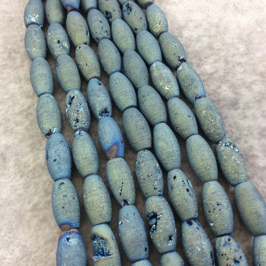 8mm x 16mm Matte Finish Premium Light Blue/Gold Druzy Agate Rice/Barrel Beads with 1mm Holes - Sold by 7.75" Strands (Approx. 12 Beads)