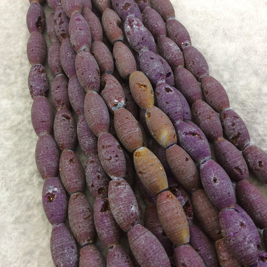 8mm x 16mm Matte Finish Premium Purple/Bronze Druzy Agate Rice/Barrel Beads with 1mm Holes - Sold by 7.75" Strands (Approx. 12 Beads)