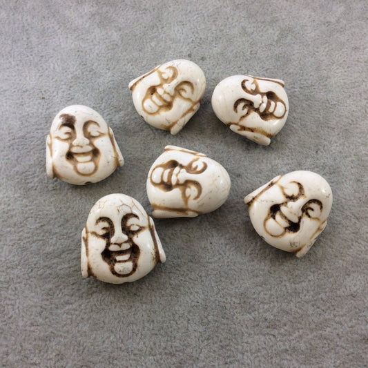 BULK PACK of 6 (Six) White/Ivory Dyed Howlite Buddha Head/Face Shaped Beads with 1mm Holes - Measuring 28mm x 30mm, Approximatley