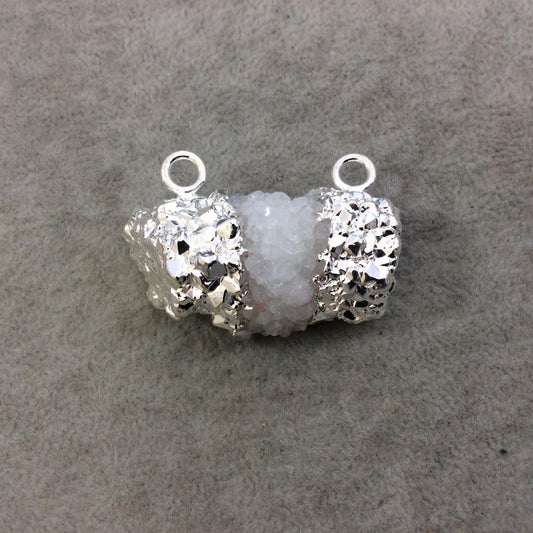 Medium Bright Silver Electroplated Natural Druzy White Spirit/Cactus Quartz Cluster Pendant - Measuring 35-45mm Wide - INDIVIDUAL, RANDOM