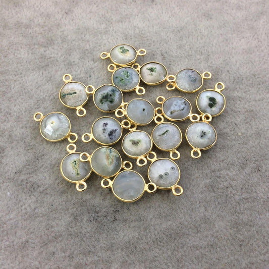 Gold Plated Faceted Natural White/Green Solar Quartz Round/Coin Shaped Bezel Connector - Measuring 10mm x 10mm - Sold Individually, RANDOM
