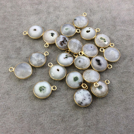 Gold Plated Faceted Natural White/Green Solar Quartz Round/Coin Shaped Bezel Pendant - Measuring 12mm x 12mm - Sold Individually, RANDOM