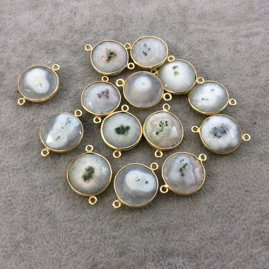 Solar Quartz Bezel | Gold Plated Faceted Natural White Green Solar Quartz Coin Shaped Bezel Connector - Measuring 15mm x 15mm