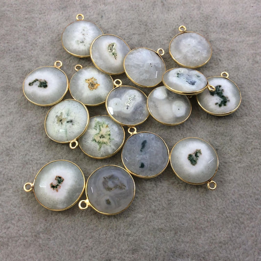 Gold Plated Faceted Natural White/Green Solar Quartz Round/Coin Shaped Bezel Pendant - Measuring 18mm x 18mm - Sold Individually, RANDOM