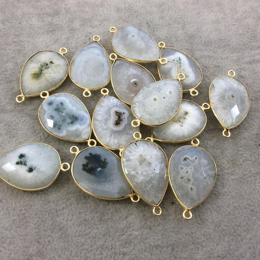 Gold Plated Faceted Natural White/Green Solar Quartz Teardrop Shaped Bezel Connector - Measuring 18mm x 25mm - Sold Individually, RANDOM