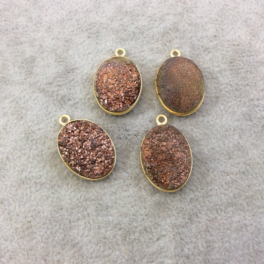 Gold Electroplated Natural Peach/Brown Titanium Druzy Agate Oval Shaped Bezel Pendant - Measuring 15mm x 20mm, Approx. - Individual, Random
