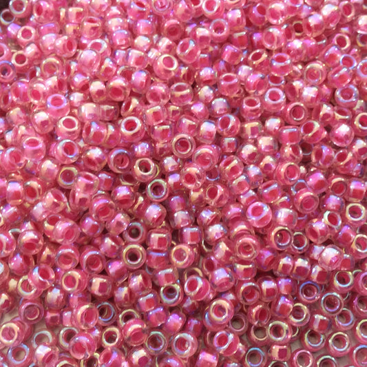 Size 8/0 Glossy AB Finish Hot Pink Lined Crystal Genuine Miyuki Glass Seed Beads - Sold by 22 Gram Tubes (Approx. 900 Beads/Tube) - (8-9355)