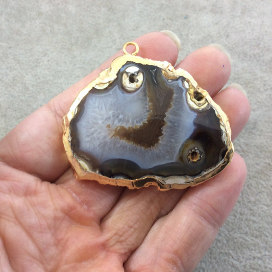 Large OOAK Gold Electroplated Dyed Brown/White Natural Banded Agate Slice Freeform Shaped Focal Pendant - Measuring 52mm x 42mm Approx.