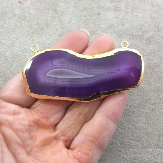 Large OOAK Gold Electroplated Dyed Purple/White Natural Banded Agate Slice Freeform Shaped Focal Pendant - Measuring 74mm x 34mm Approx.