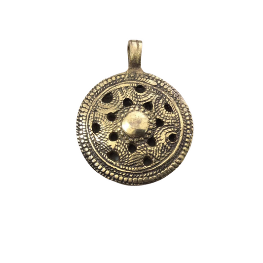 1.75" Heavy Oxidized Brass Textured Mandala Medallion Shape Pendant with Attached Bail - Measuring 47mm x61mm, Approx. - Sold Individually