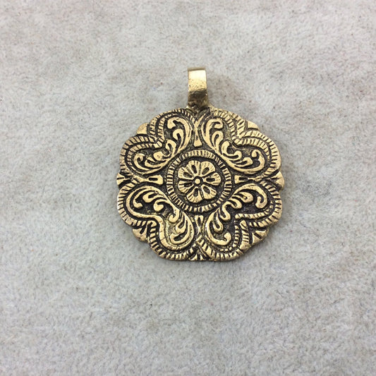 2" Heavy Oxidized Brass Floral Scroll Medallion Shaped Pendant with Attached Bail - Measuring 47mm x 58mm, Approx. - Sold Individually