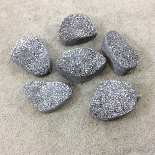 Single OOAK Metallic Silver Coated Druzy Stone Freeform Shaped Drilled Beads - Measuring 30-40mm Long, Approx. - Sold Individually, Random