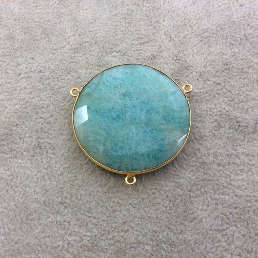 Gold Plated Natural Amazonite Faceted Round/Coin Shaped Copper Bezel Pendant/Connector - Measures 40mm x 40mm - Sold Individually, Random