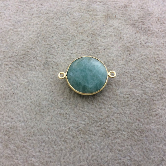 Gold Plated Natural Amazonite Faceted Round/Coin Shaped Copper Bezel Connector/Link - Measures 18mm x 18mm - Sold Individually, Random