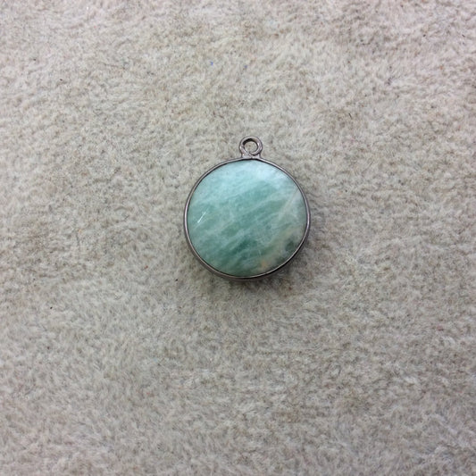 Gunmetal Plated Natural Amazonite Faceted Round/Coin Shaped Copper Bezel Pendant - Measures 18mm x 18mm - Sold Individually, Random