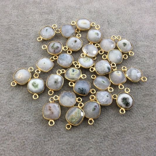 Gold Plated Faceted Natural White/Green Solar Quartz Square Shaped Bezel Connector - Measuring 10mm x 10mm - Sold Individually, RANDOM