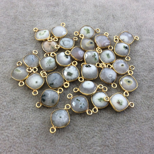 Gold Plated Faceted Natural White/Green Solar Quartz Diamond Shaped Bezel Connector - Measuring 10mm x 10mm - Sold Individually, RANDOM