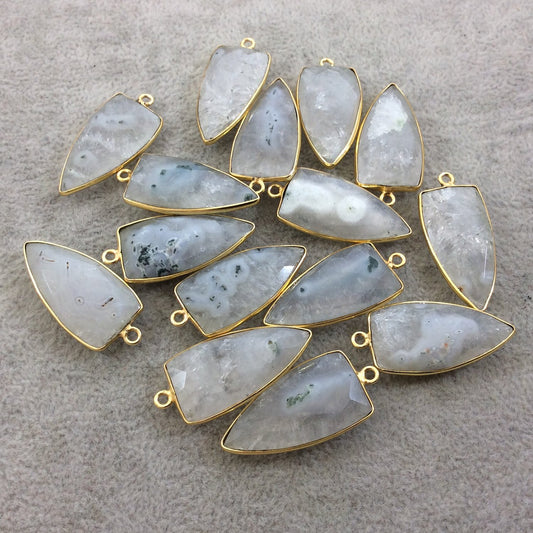 Gold Plated Faceted Natural White/Green Solar Quartz Triangle/Arrow Shaped Bezel Pendant - Measuring 14mm x 29mm - Sold Individually, RANDOM