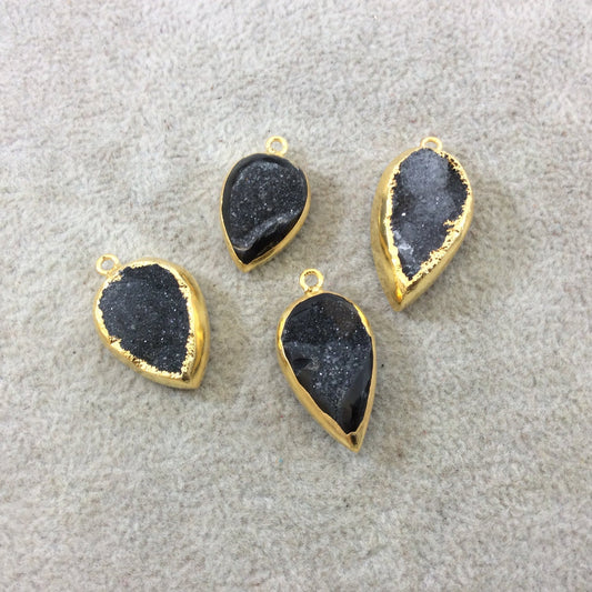 Small Gold Electroplated Black/Gray Druzy Agate Inverted Teardrop Shaped Pendant - Measuring 18-24mm Approx. - Sold Individually, Random