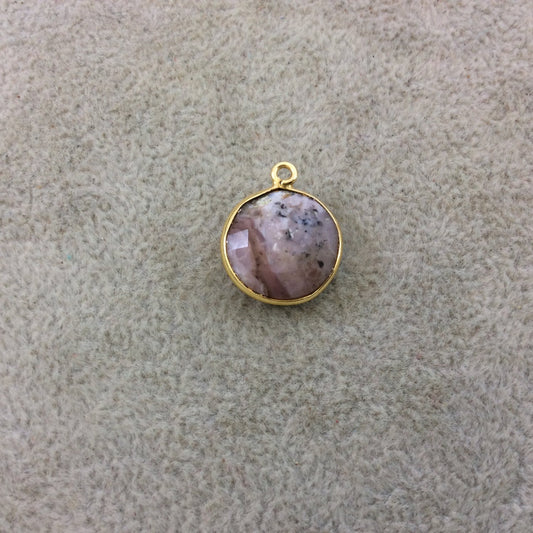 Gold Plated Natural Mixed Rhodonite Faceted Round/Coin Shaped Copper Bezel Pendant - Measures 14mm x 14mm - Sold Individually, Random