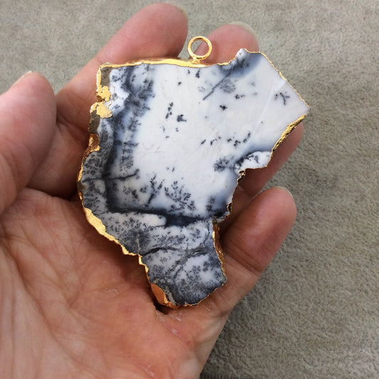 Single OOAK Extra-Large Sized Gold Plated Natural Matte Dendritic Opal Freeform Slab/Slice Shaped Pendant - Measuring 64mm x 69mm, Approx.