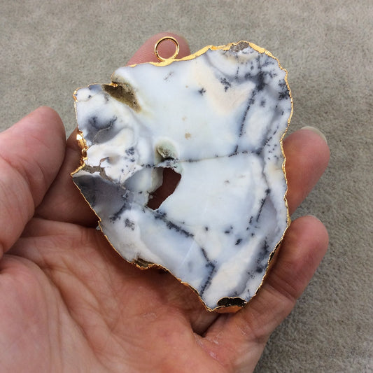 Single OOAK Extra-Large Sized Gold Plated Natural Matte Dendritic Opal Freeform Slab/Slice Shaped Pendant - Measuring 66mm x 77mm, Approx.