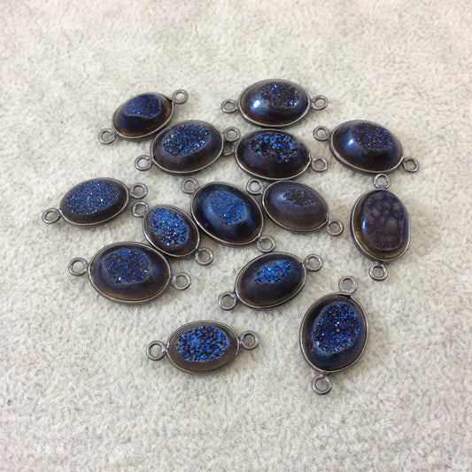 Gunmetal Plated Deep Blue Titanium Druzy Agate Freeform Oval Shaped Bezel Connector - Measuring 14-18mm, Approx. - Individual, Random