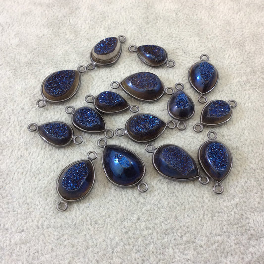 Gunmetal Plated Deep Blue Titanium Druzy Agate Freeform Teardrop Shaped Bezel Connector - Measuring 14-18mm, Approx. - Individual, Random