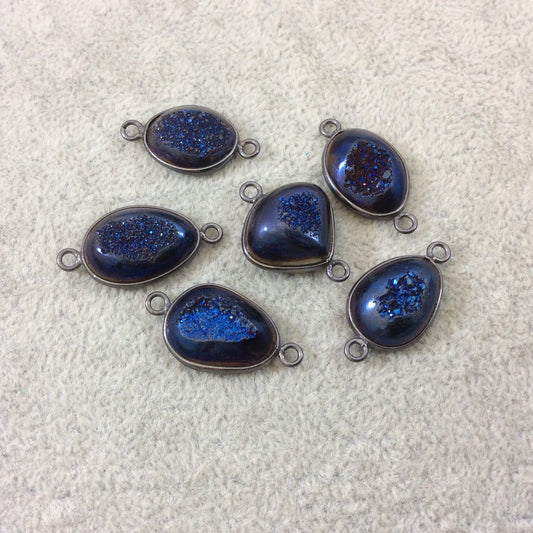 Gunmetal Plated Deep Blue Titanium Druzy Agate Random Freeform Shaped Bezel Connector - Measuring 14-18mm, Approx. - Individual, Random