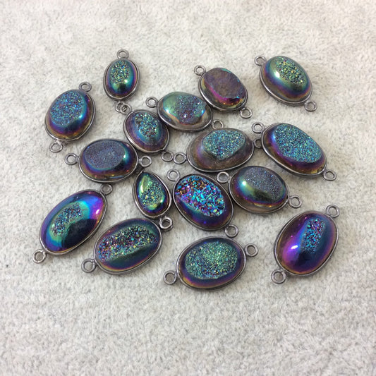 Gunmetal Plated Rainbow Titanium Druzy Agate Freeform Oval Shaped Bezel Connector - Measuring 14-18mm, Approx. - Individual, Random