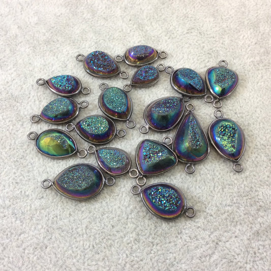 Gunmetal Plated Rainbow Titanium Druzy Agate Freeform Teardrop Shaped Bezel Connector - Measuring 14-18mm, Approx. - Individual, Random